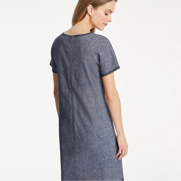 NWT Ann Taylor Chambray Blue Mini Dress, Linen Blend, Short Sleeves, Size 2P - Picture 2 of 15